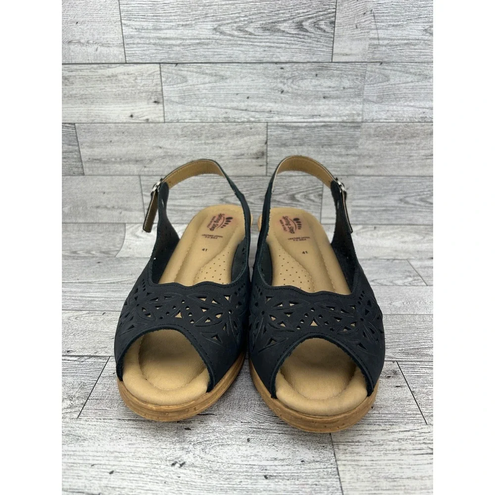 Spring Step Women Black Leather Perforated Slingback Wedge Sandals Size 41‎